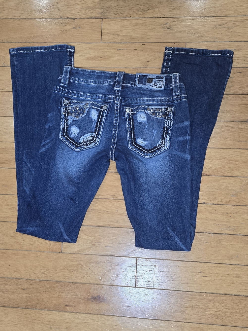 Miss Me Dark Blue Bootcut Jeans with Studded Front Pockets - Picture 5 of 7